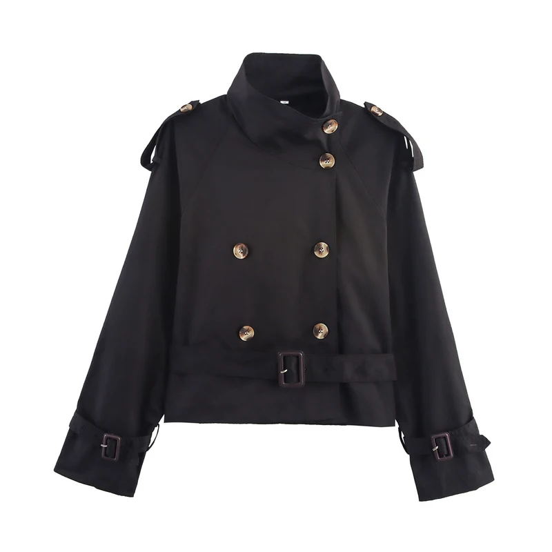 Damen Kurzer Doppelreiher Trench‑Blouson mit hohem Stehkragen, Schulterriegeln und Taillengürtel Nord Taschen