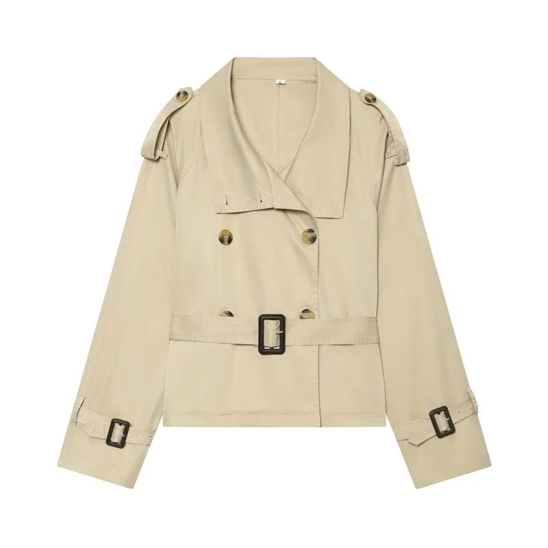 Damen Kurzer Boxy-Trench mit Doppelreiher, Taillengürtel und Schulterklappen Nord Taschen