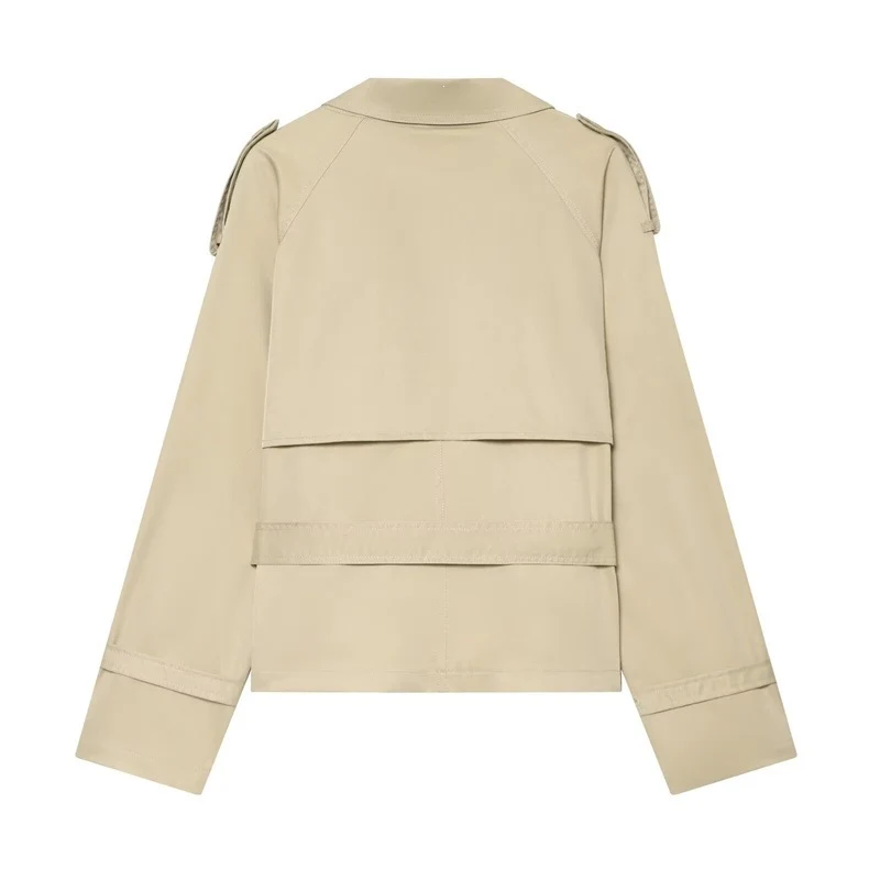 Damen Kurzer Boxy-Trench mit Doppelreiher, Taillengürtel und Schulterklappen Nord Taschen