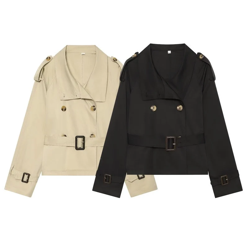 Damen Kurzer Boxy-Trench mit Doppelreiher, Taillengürtel und Schulterklappen Nord Taschen
