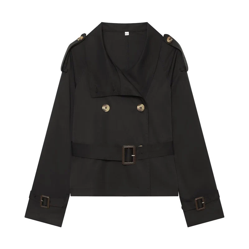 Damen Kurzer Boxy-Trench mit Doppelreiher, Taillengürtel und Schulterklappen Nord Taschen