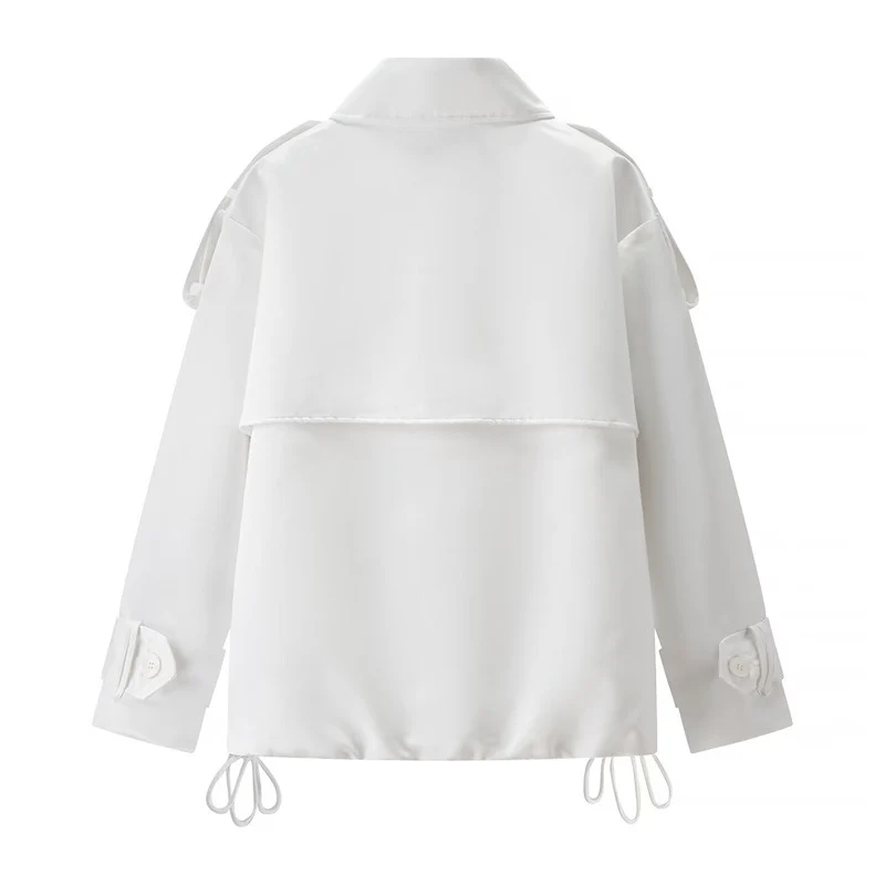 Damen Kurzer Boxy-Doppelreiher Trench mit Tunnelzug und dekorativen Schulterriegeln Nord Taschen