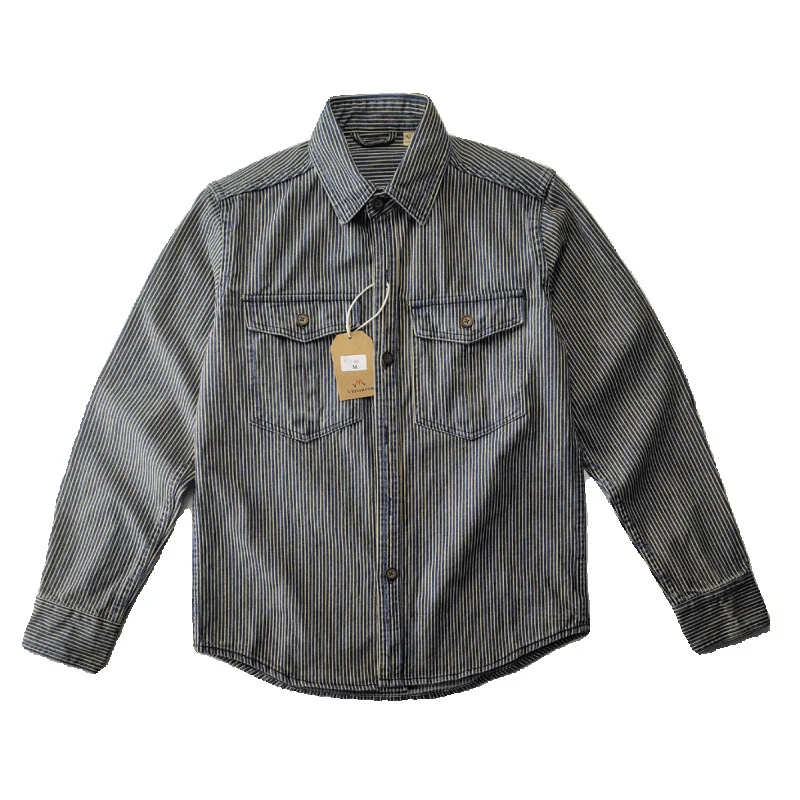 Herren Leichte gestreifte Denim-Worker-Hemdjacke mit aufgesetzten Pattentaschen Nord Taschen
