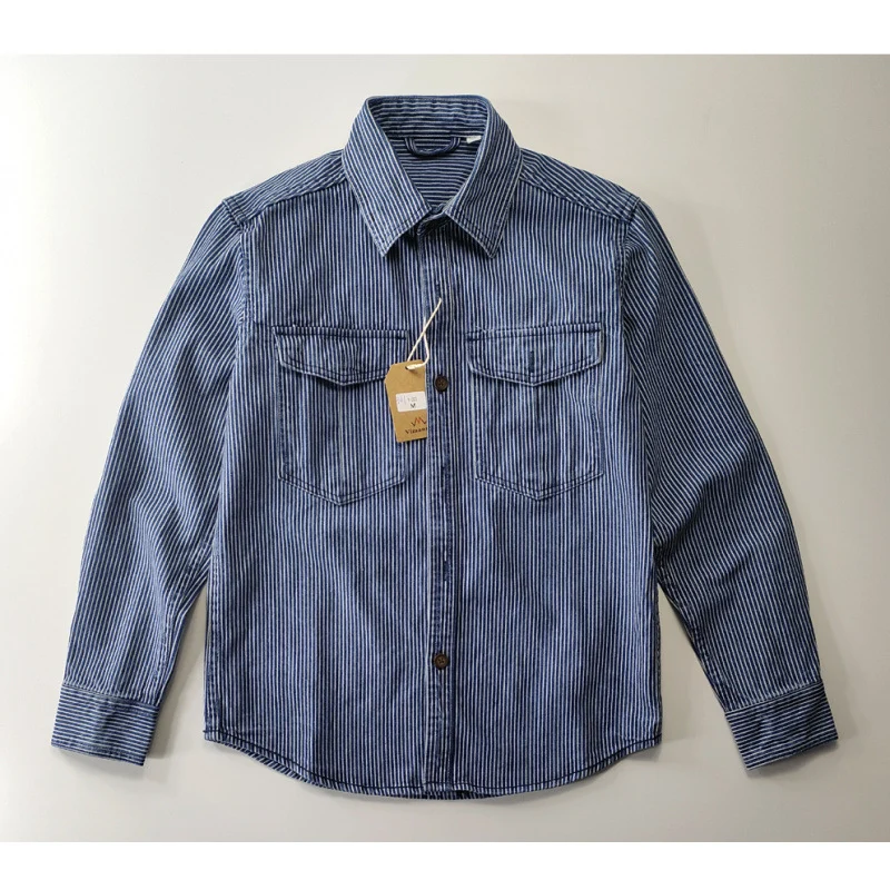 Herren Leichte gestreifte Denim-Worker-Hemdjacke mit aufgesetzten Pattentaschen Nord Taschen