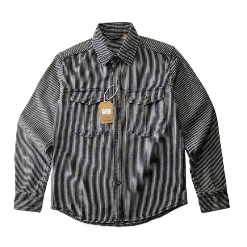 Herren Leichte gestreifte Denim-Worker-Hemdjacke mit aufgesetzten Pattentaschen Nord Taschen