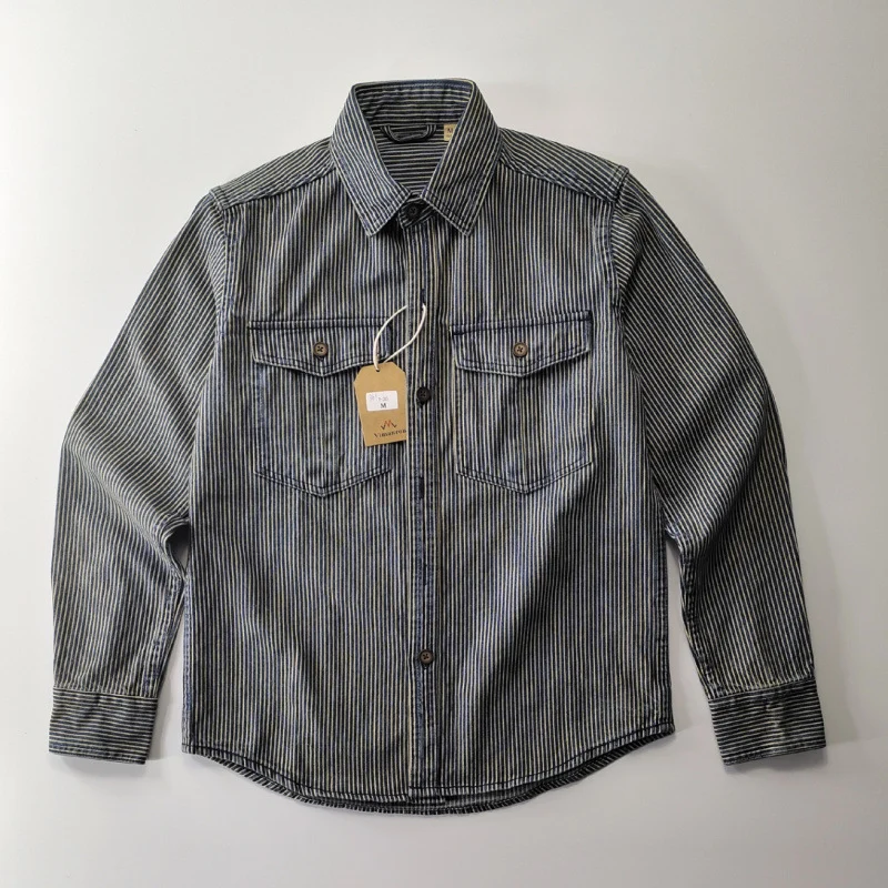 Herren Leichte gestreifte Denim-Worker-Hemdjacke mit aufgesetzten Pattentaschen Nord Taschen