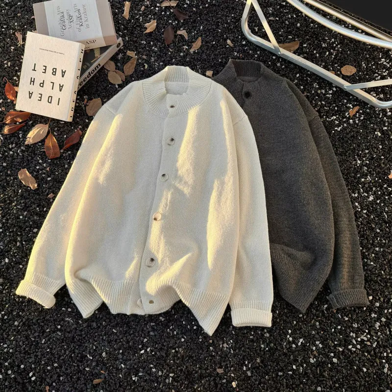 Unisex Oversized Wollmix-Cardigan mit Rundhalsausschnitt, Knopfleiste und geripptem Saum Nord Taschen