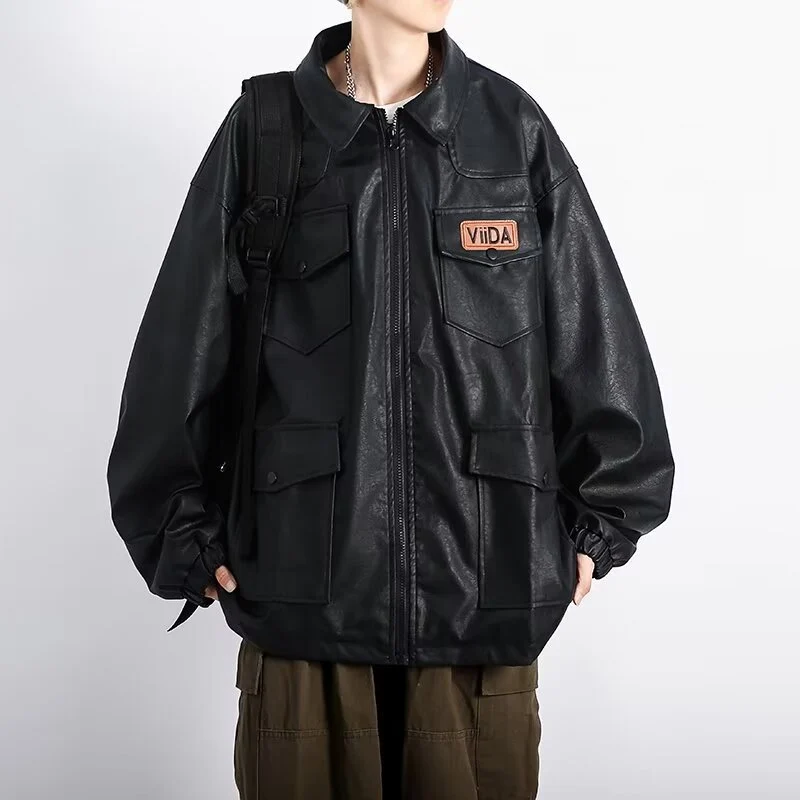 Unisex Oversized Utility Lederimitat Jacke mit Mehreren Klappentaschen Nord Taschen