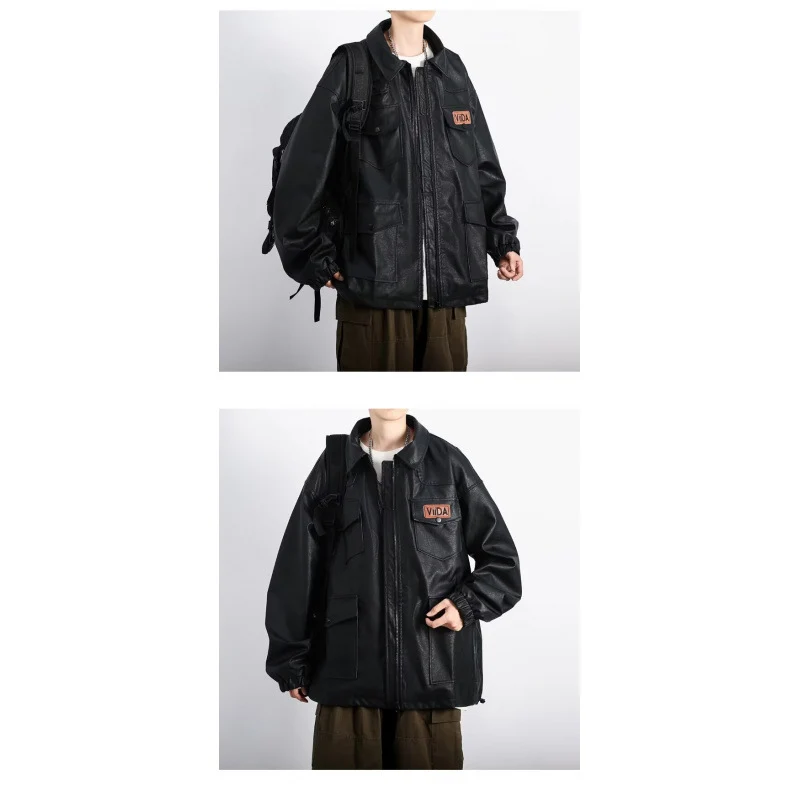 Unisex Oversized Utility Lederimitat Jacke mit Mehreren Klappentaschen Nord Taschen