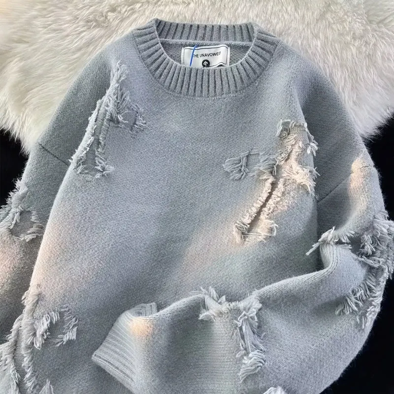 Unisex Oversized Strickpullover mit Destroy-Details und Rundhalsausschnitt Nord Taschen