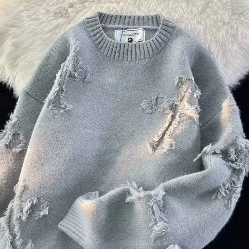 Unisex Oversized Strickpullover mit Destroy-Details und Rundhalsausschnitt Nord Taschen