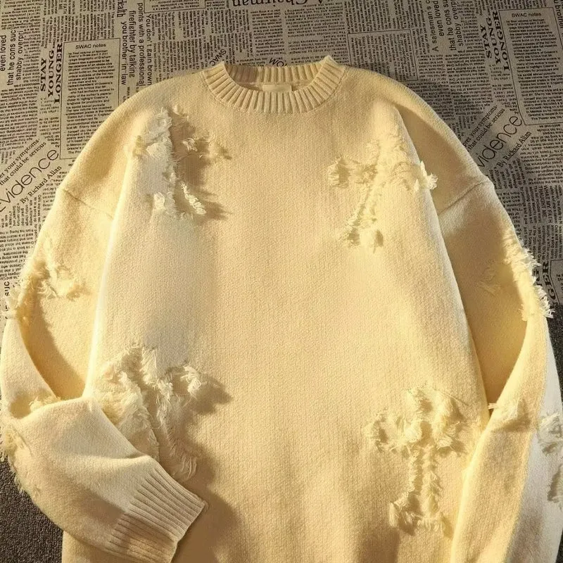 Unisex Oversized Strickpullover mit Destroy-Details und Rundhalsausschnitt Nord Taschen