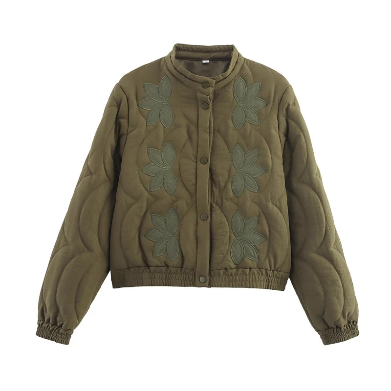 Damen Kurz geschnittene gesteppte Jacke mit Blumenapplikation und Stehkragen Nord Taschen