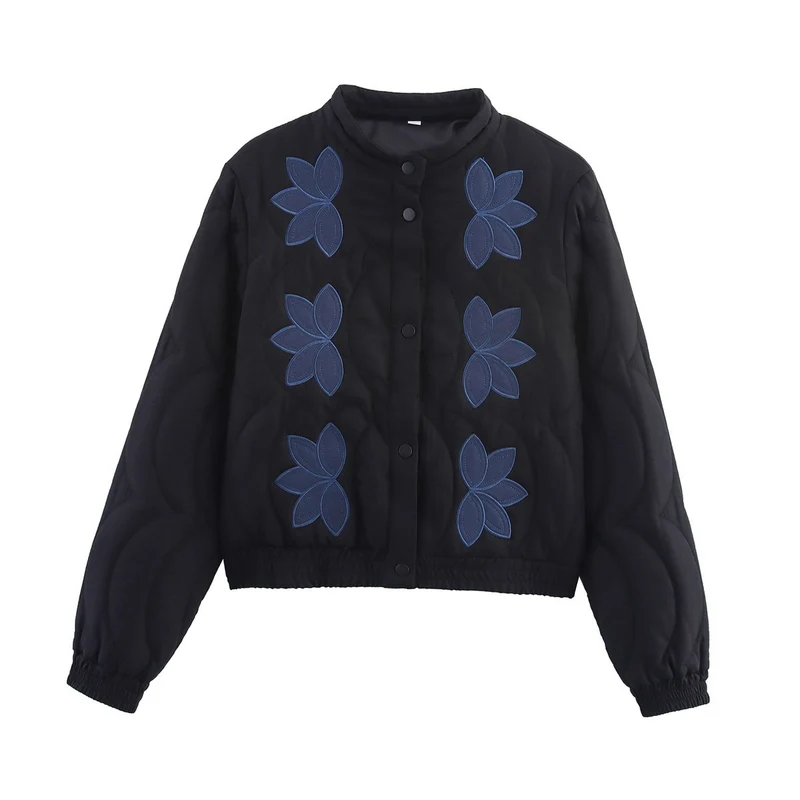 Damen Kurz geschnittene gesteppte Jacke mit Blumenapplikation und Stehkragen Nord Taschen