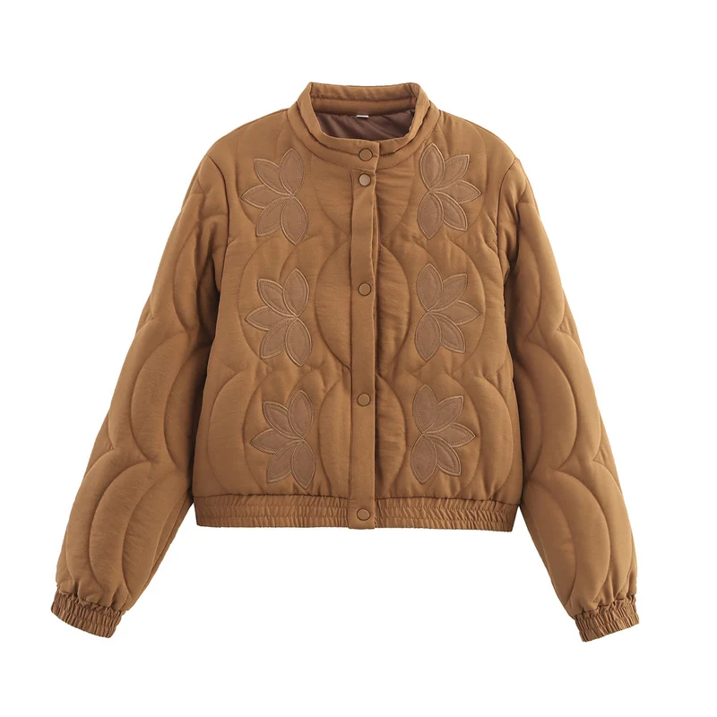 Damen Kurz geschnittene gesteppte Jacke mit Blumenapplikation und Stehkragen Nord Taschen
