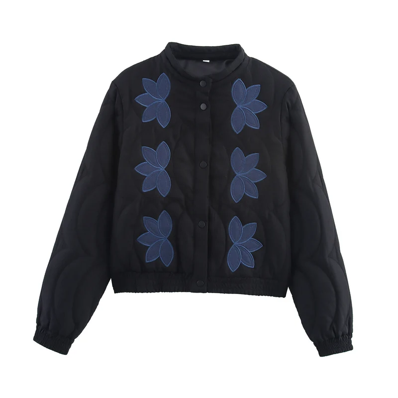 Damen Kurz geschnittene gesteppte Jacke mit Blumenapplikation und Stehkragen Nord Taschen