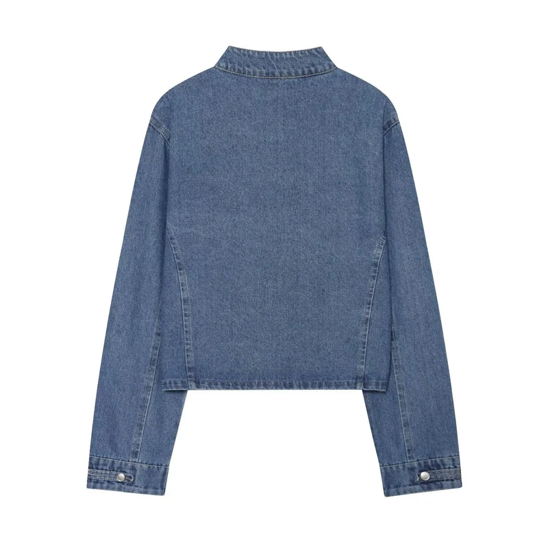 Damen Kurz geschnittene Denimjacke im Militärstil mit Stehkragen und Zierknopfreihen Nord Taschen