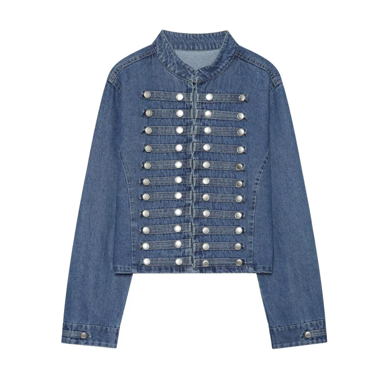 Damen Kurz geschnittene Denimjacke im Militärstil mit Stehkragen und Zierknopfreihen Nord Taschen