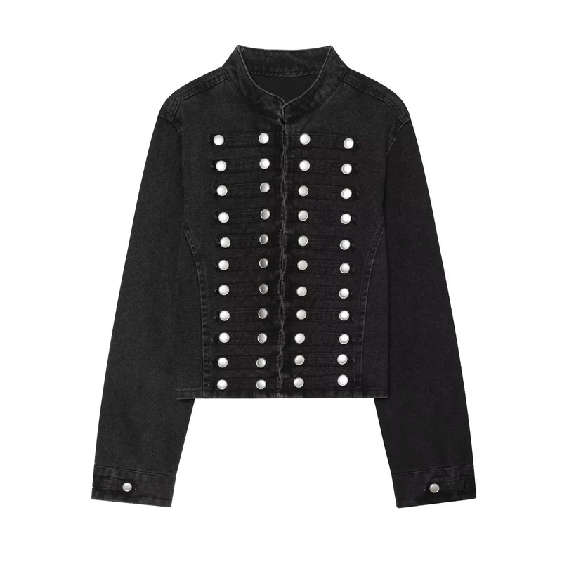 Damen Kurz geschnittene Denimjacke im Militärstil mit Stehkragen und Zierknopfreihen Nord Taschen