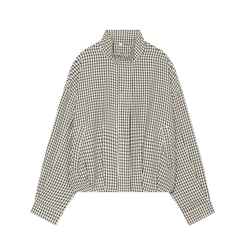 Damen Kurz geschnittene Boxy-Bluse im Vichy-Karo mit Stehkragen und elastischem Saum Nord Taschen