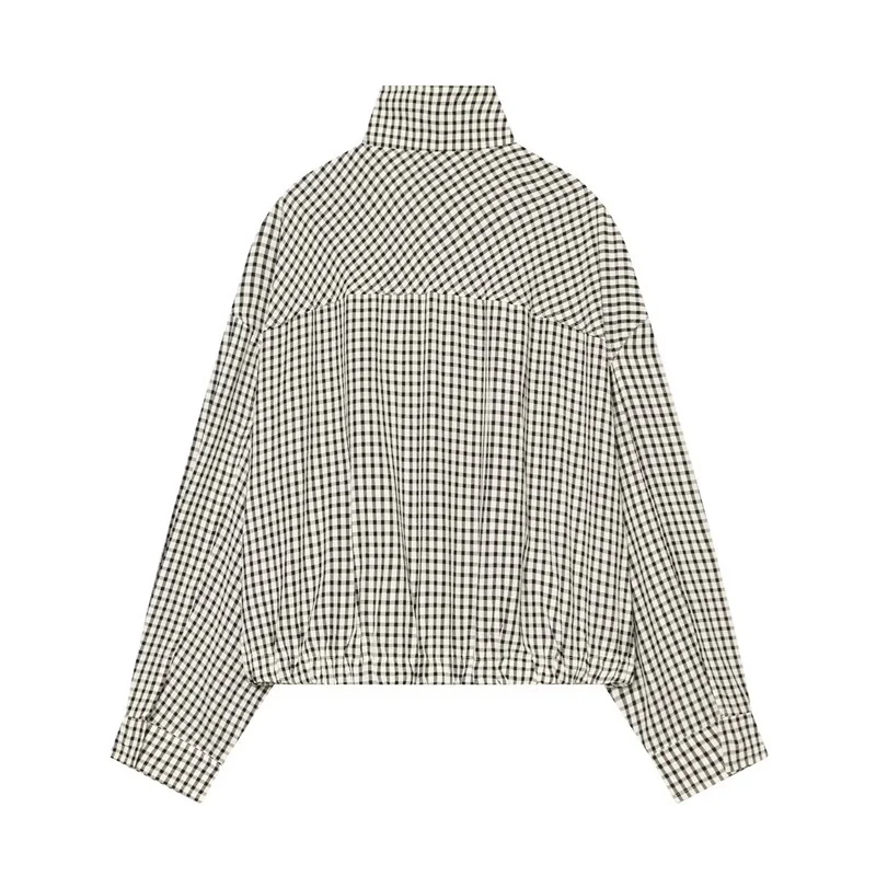Damen Kurz geschnittene Boxy-Bluse im Vichy-Karo mit Stehkragen und elastischem Saum Nord Taschen