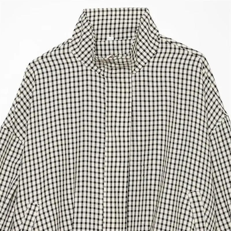 Damen Kurz geschnittene Boxy-Bluse im Vichy-Karo mit Stehkragen und elastischem Saum Nord Taschen