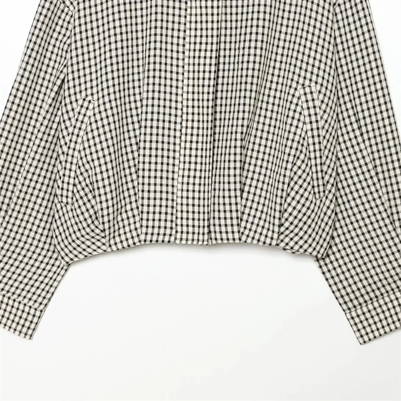 Damen Kurz geschnittene Boxy-Bluse im Vichy-Karo mit Stehkragen und elastischem Saum Nord Taschen