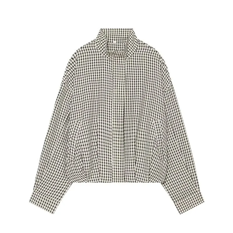 Damen Kurz geschnittene Boxy-Bluse im Vichy-Karo mit Stehkragen und elastischem Saum Nord Taschen