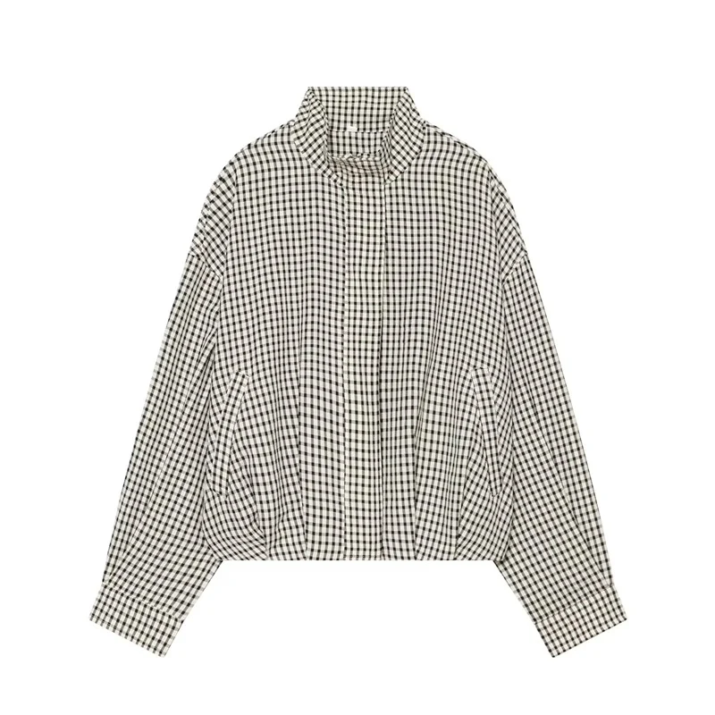 Damen Kurz geschnittene Boxy-Bluse im Vichy-Karo mit Stehkragen und elastischem Saum Nord Taschen
