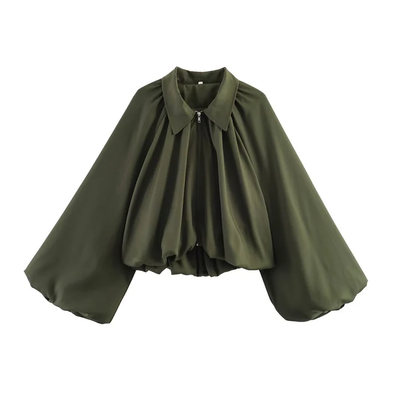 Damen Kurz geschnittene Blusenjacke mit weitem Ballonärmel und Reißverschluss Nord Taschen