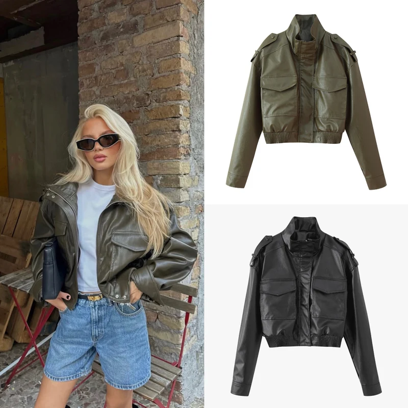 Damen Kurz geschnittene Blousonjacke aus Veganleder mit Schulterklappen und Pattentaschen Nord Taschen