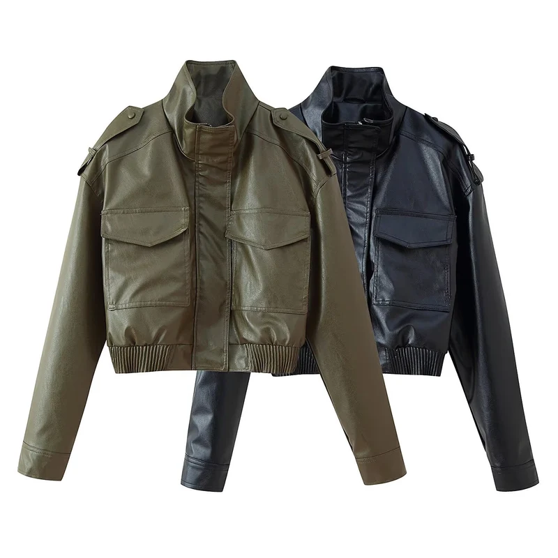 Damen Kurz geschnittene Blousonjacke aus Veganleder mit Schulterklappen und Pattentaschen Nord Taschen