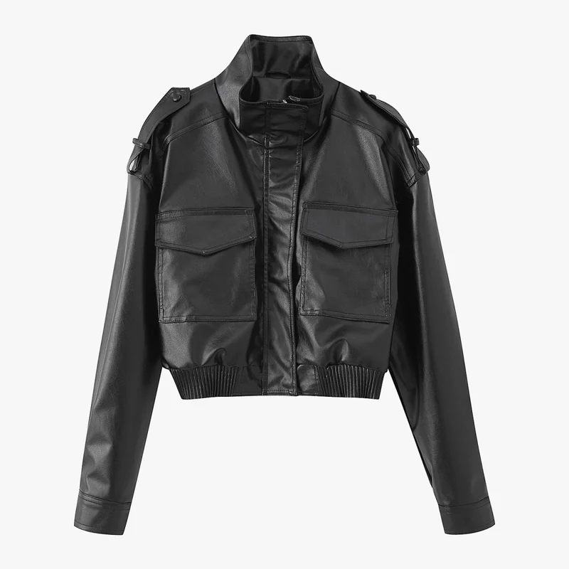 Damen Kurz geschnittene Blousonjacke aus Veganleder mit Schulterklappen und Pattentaschen Nord Taschen