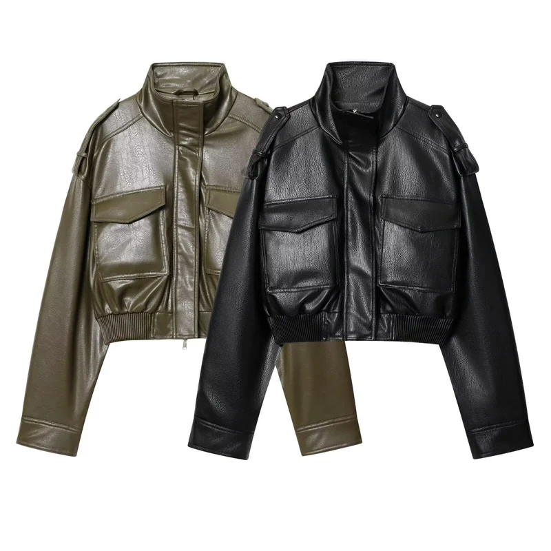 Damen Kurz geschnittene Blousonjacke aus Veganleder mit Schulterklappen und Pattentaschen Nord Taschen