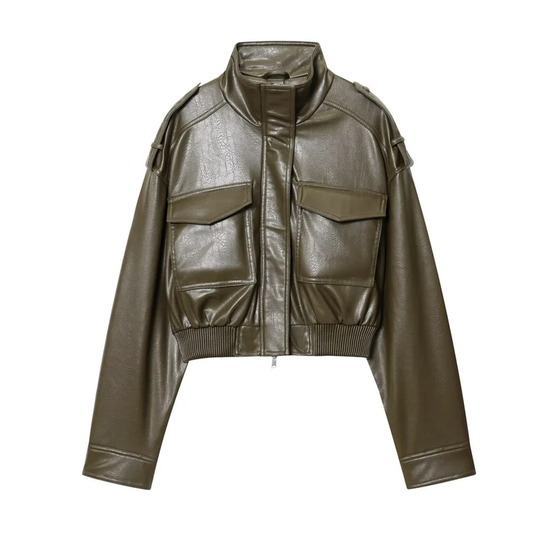 Damen Kurz geschnittene Blousonjacke aus Veganleder mit Schulterklappen und Pattentaschen Nord Taschen