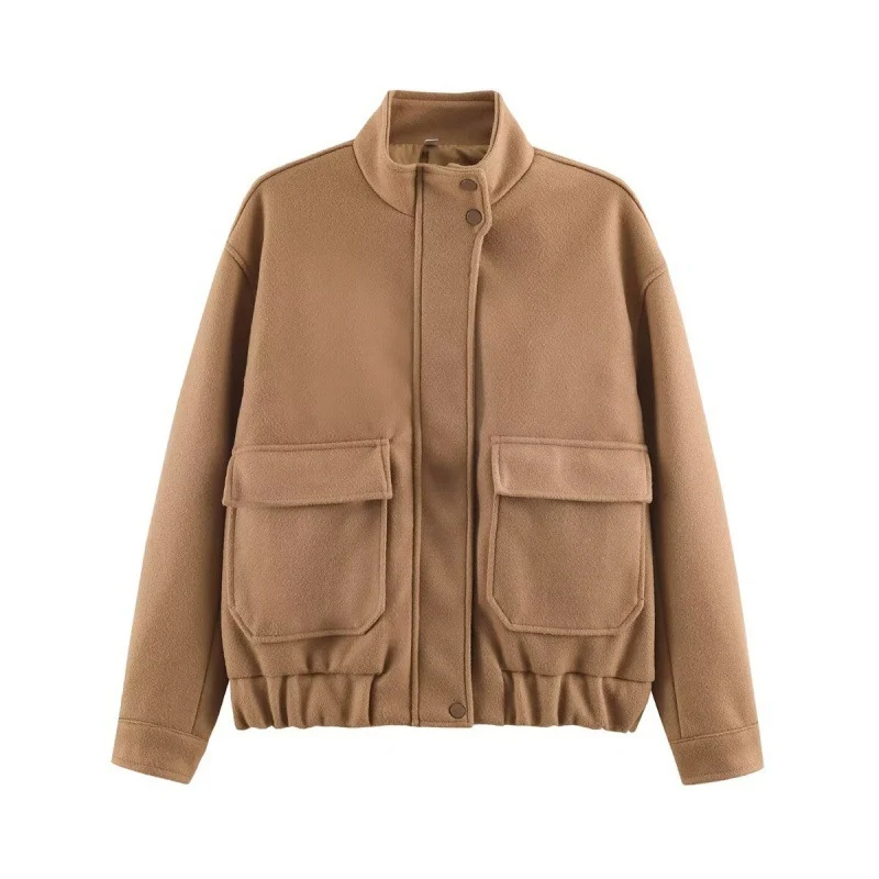 Damen Boxy-Wollblouson mit Stehkragen, großen Klappentaschen und elastischem Saum Nord Taschen