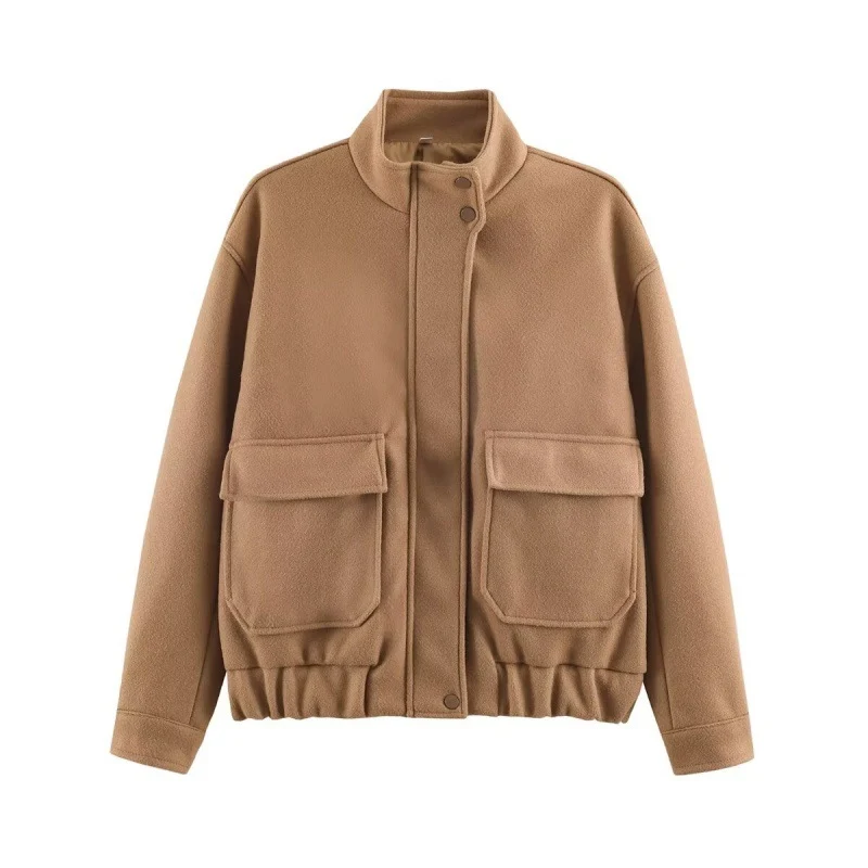Damen Boxy-Wollblouson mit Stehkragen, großen Klappentaschen und elastischem Saum Nord Taschen