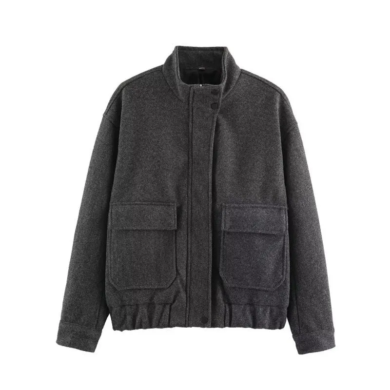 Damen Boxy-Wollblouson mit Stehkragen, großen Klappentaschen und elastischem Saum Nord Taschen