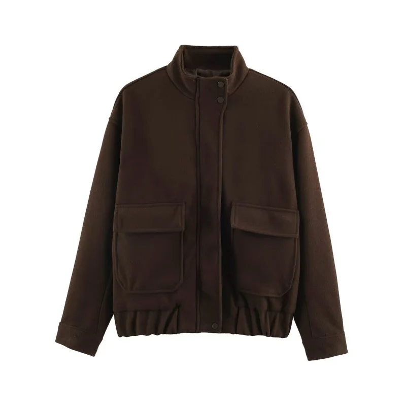 Damen Boxy-Wollblouson mit Stehkragen, großen Klappentaschen und elastischem Saum Nord Taschen