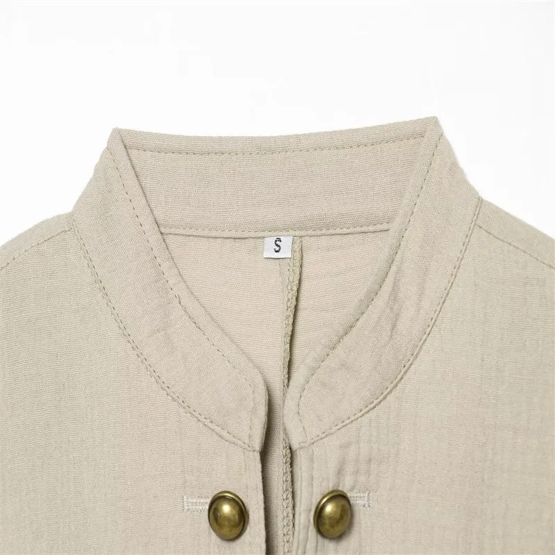 Damen Boxy-Leinenblazer mit Stehkragen, dekorativer Knopfleiste und Pattentaschen Nord Taschen
