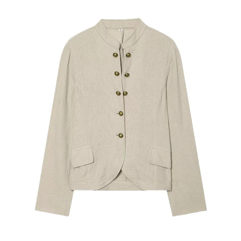 Damen Boxy-Leinenblazer mit Stehkragen, dekorativer Knopfleiste und Pattentaschen Nord Taschen