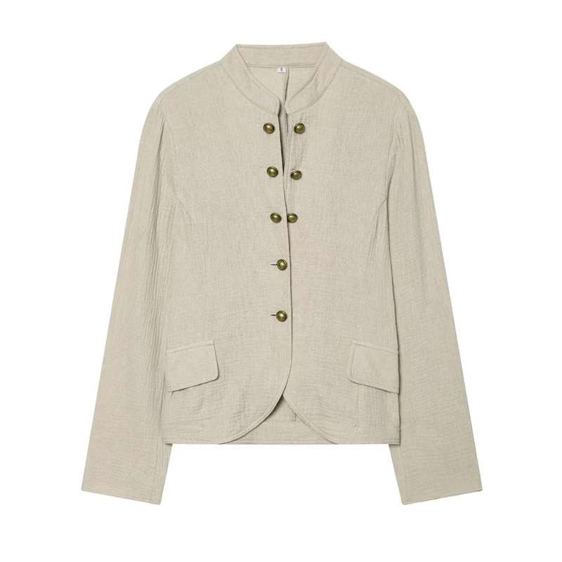Damen Boxy-Leinenblazer mit Stehkragen, dekorativer Knopfleiste und Pattentaschen Nord Taschen