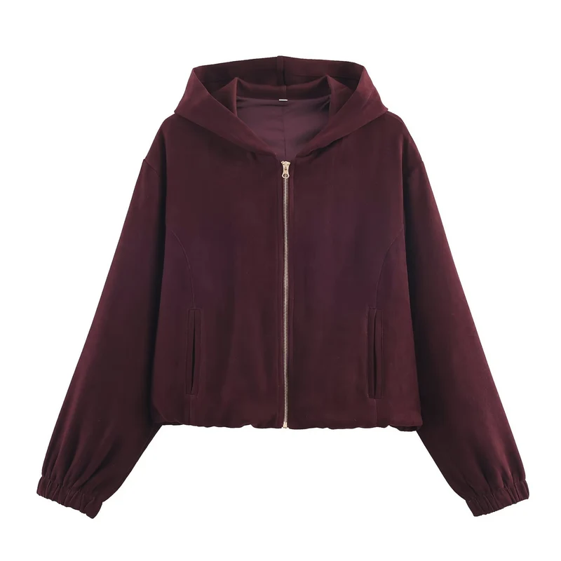 Damen Boxy-Kapuzenjacke aus Veloursoptik mit durchgehendem Reißverschluss und Gummsaum Nord Taschen