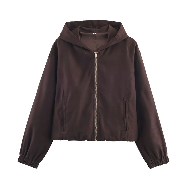 Damen Boxy-Kapuzenjacke aus Veloursoptik mit durchgehendem Reißverschluss und Gummsaum Nord Taschen
