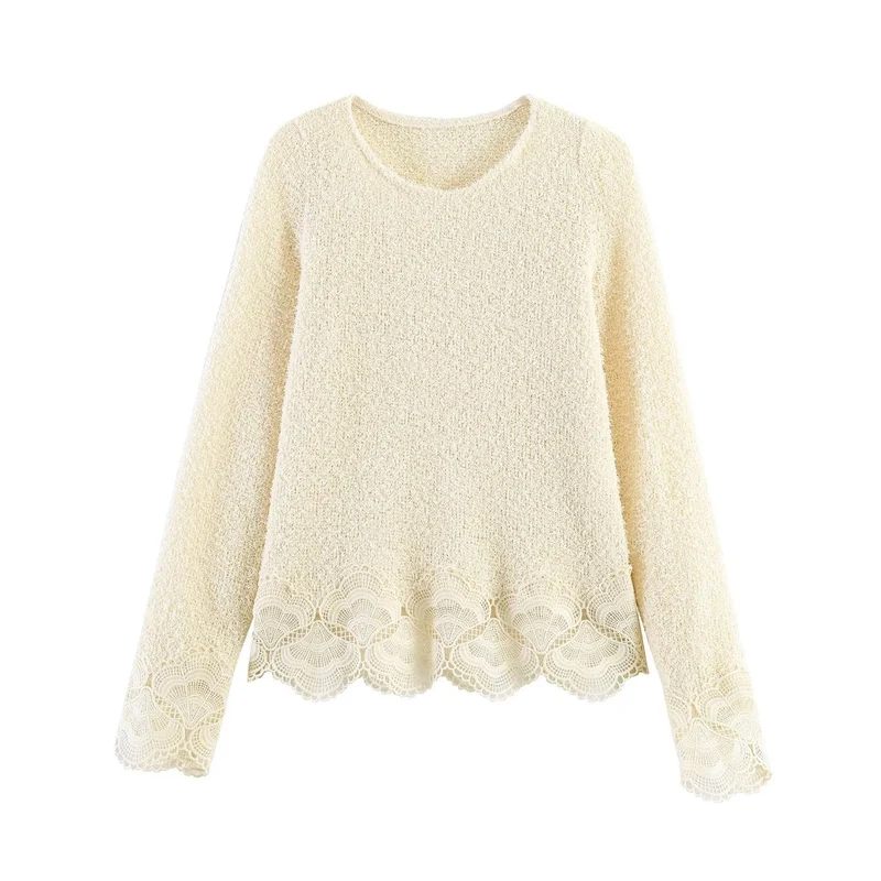 Damen Bouclé-Strickpullover mit Spitzenbesatz und gewelltem Saum Nord Taschen
