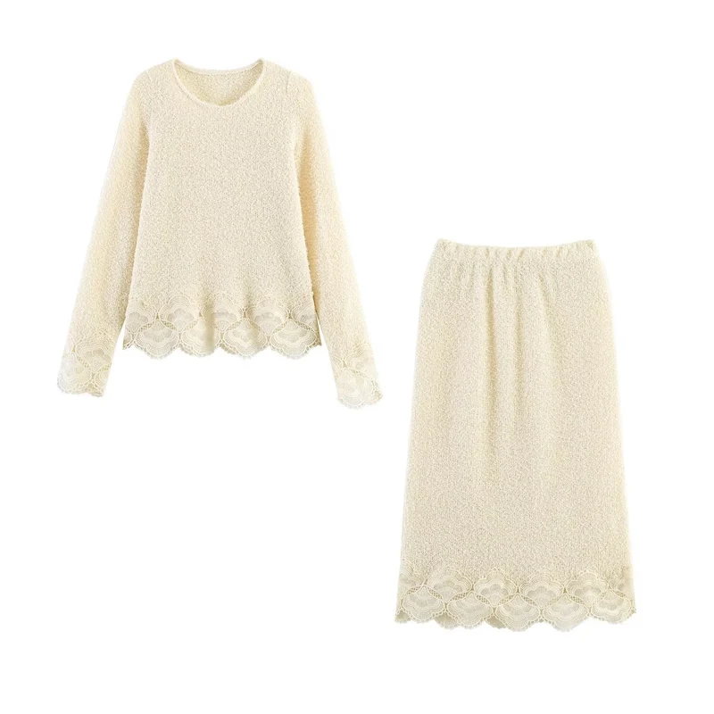Damen Bouclé-Strickpullover mit Spitzenbesatz und gewelltem Saum Nord Taschen
