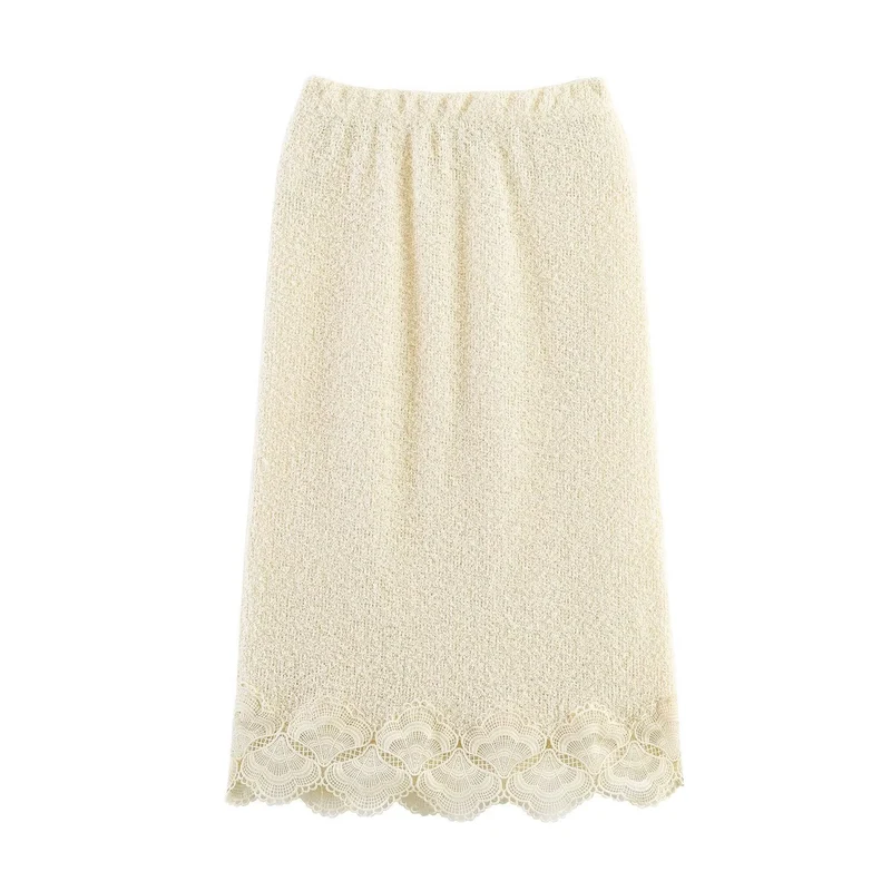 Damen Bouclé-Strickpullover mit Spitzenbesatz und gewelltem Saum Nord Taschen