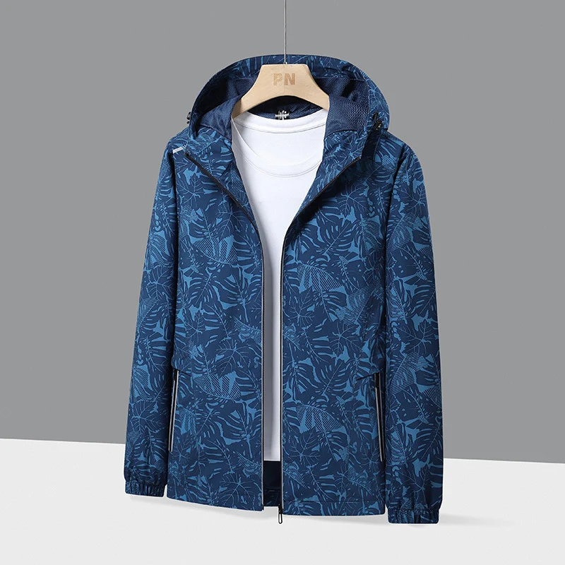 Herren Leichte Kapuzen-Windjacke mit botanischem Alloverprint und elastischen Bündchen Nord Taschen