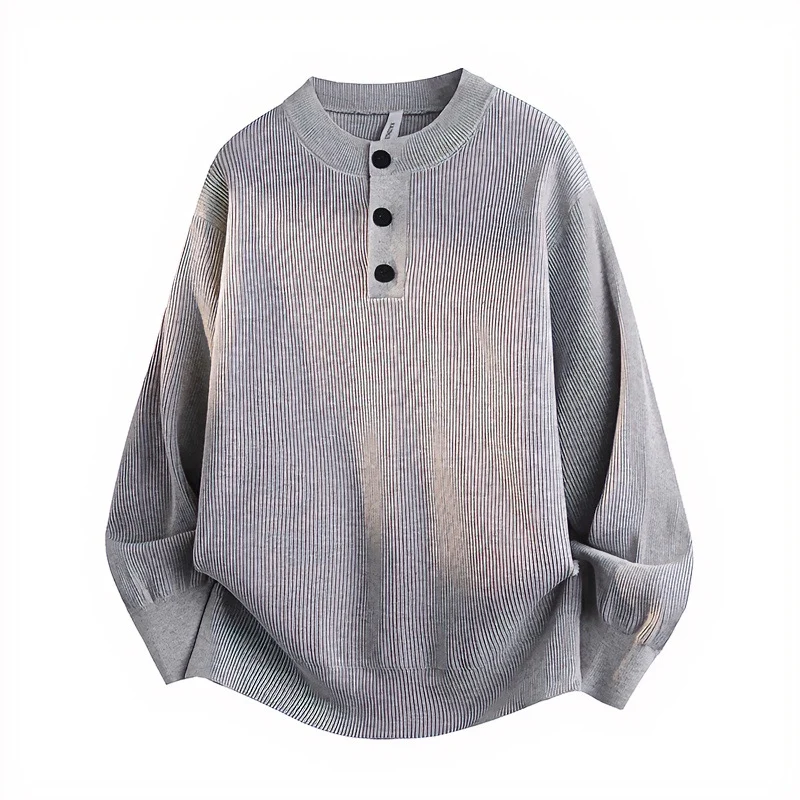 Unisex Oversized Rippen-Henley-Pullover mit verlängertem Rückensaum und 3-Knopf-Leiste Nord Taschen