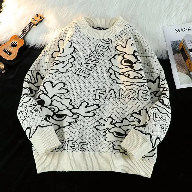 Unisex Oversized Jacquard-Strickpullover mit Allover-Motiv und Rippbündchen Nord Taschen